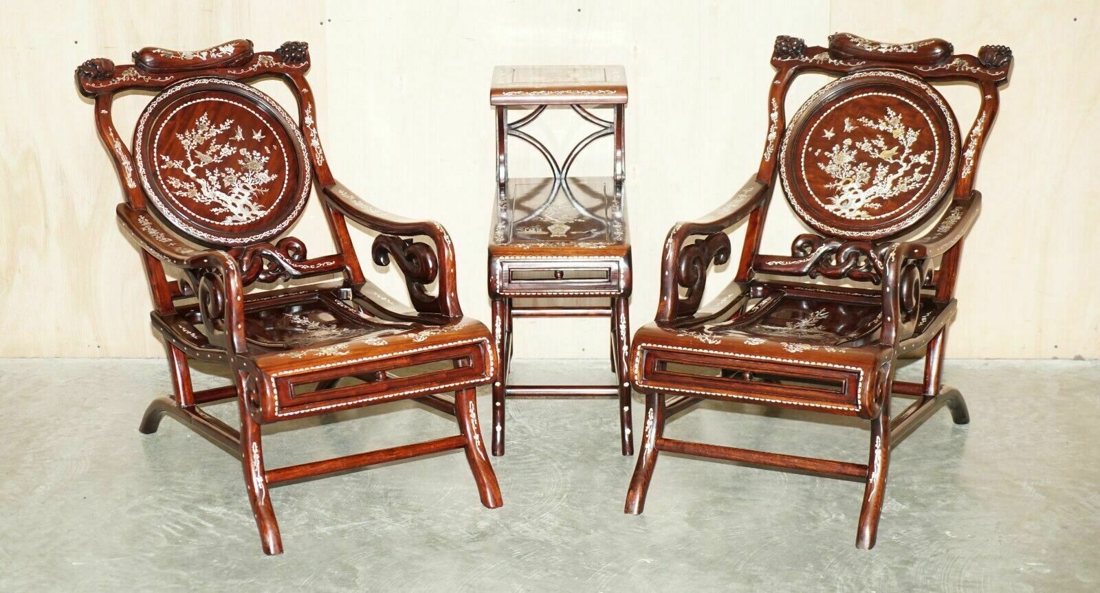 Pair Of Antique Padauk & Mother Of Pearl Reclined Plantation Armchairs & Table