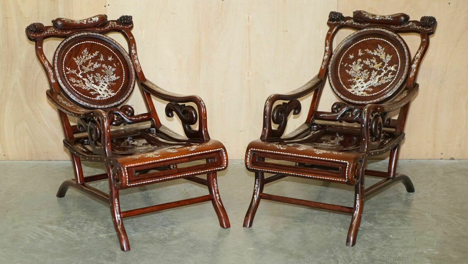 Pair Of Antique Padauk & Mother Of Pearl Reclined Plantation Armchairs & Table photo furniture