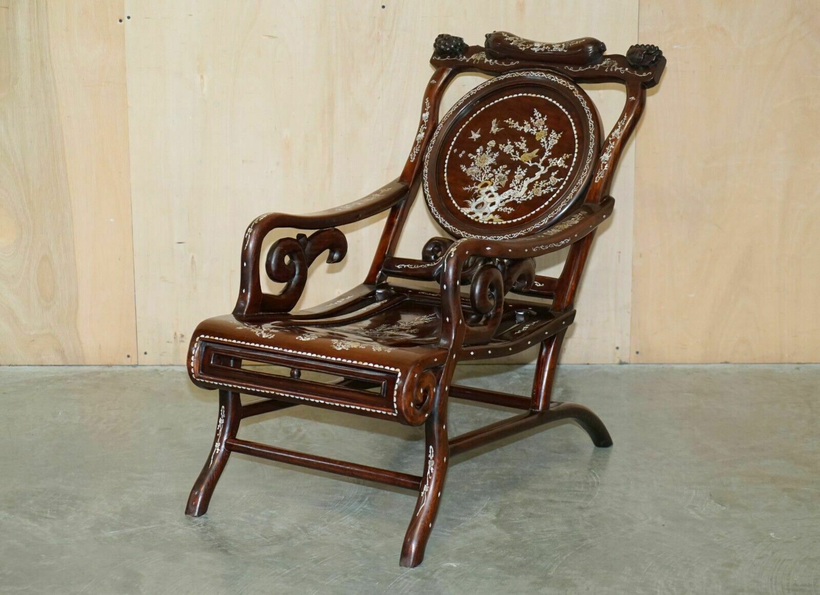 Pair Of Antique Padauk & Mother Of Pearl Reclined Plantation Armchairs & Table photo for sale