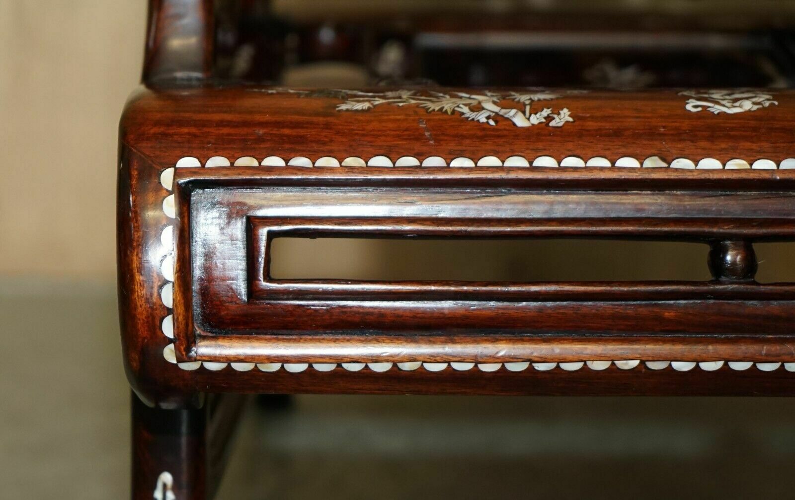 Furniture Pair Of Antique Padauk & Mother Of Pearl Reclined Plantation Armchairs & Table photo