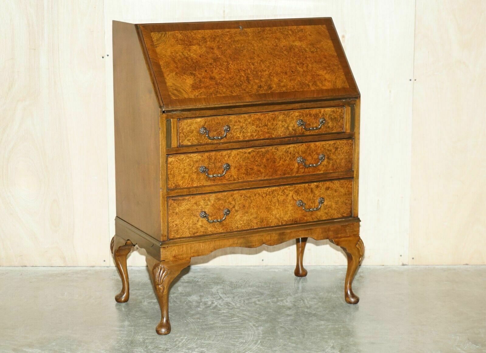 Stunning 1900's Burr & Burl Walnut Drop Front Bureau Desk Lovely Timber Patina photo furniture