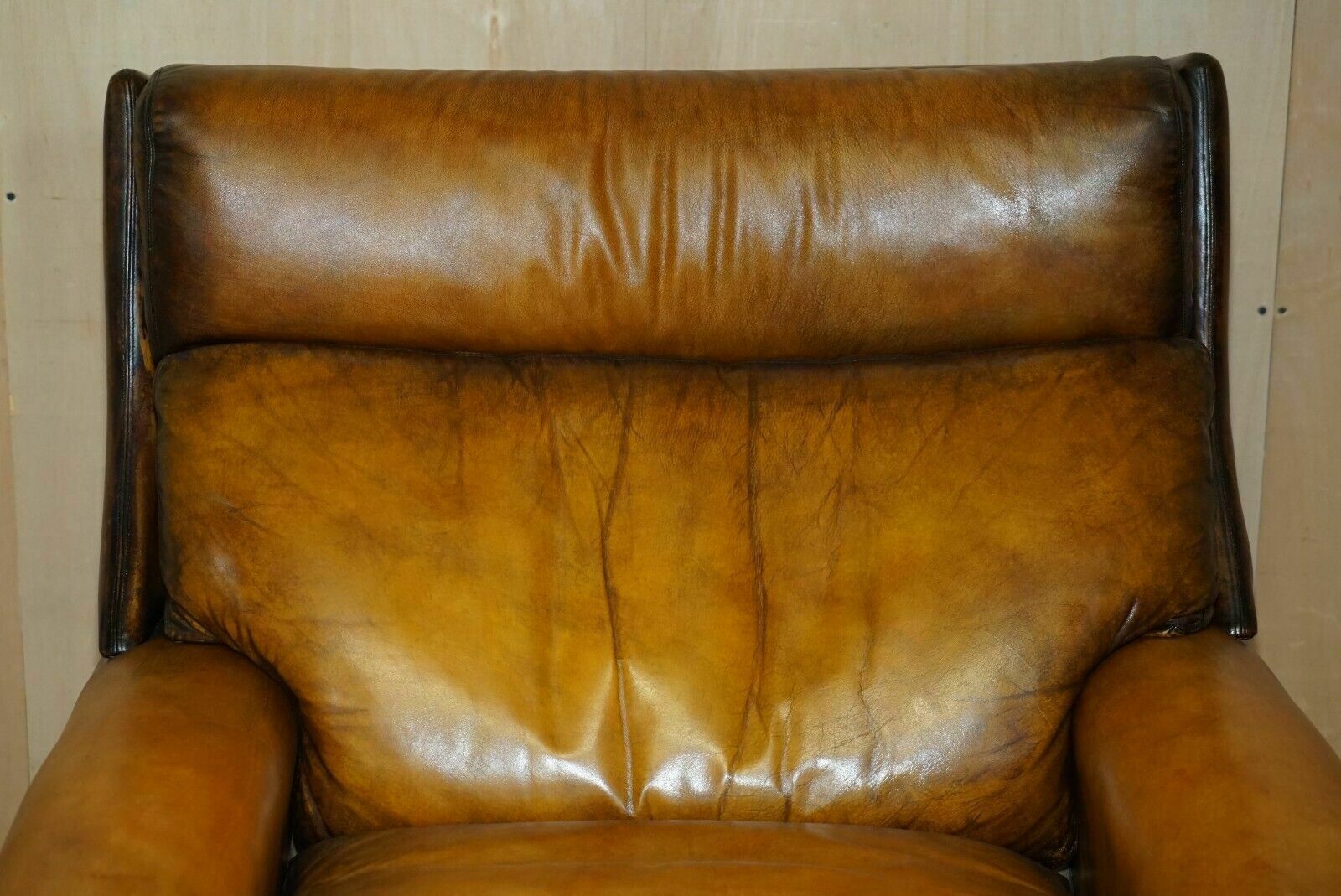 Restored Vintage 1970's Hand Dyed Whisky Brown Leather Swivel Armchair Part Set photo Furniture