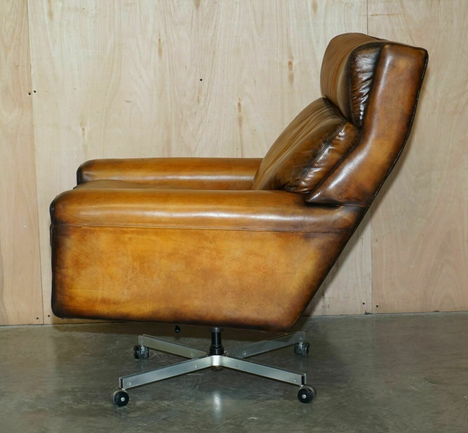 photo for sale Restored Vintage 1970's Hand Dyed Whisky Brown Leather Swivel Armchair Part Set