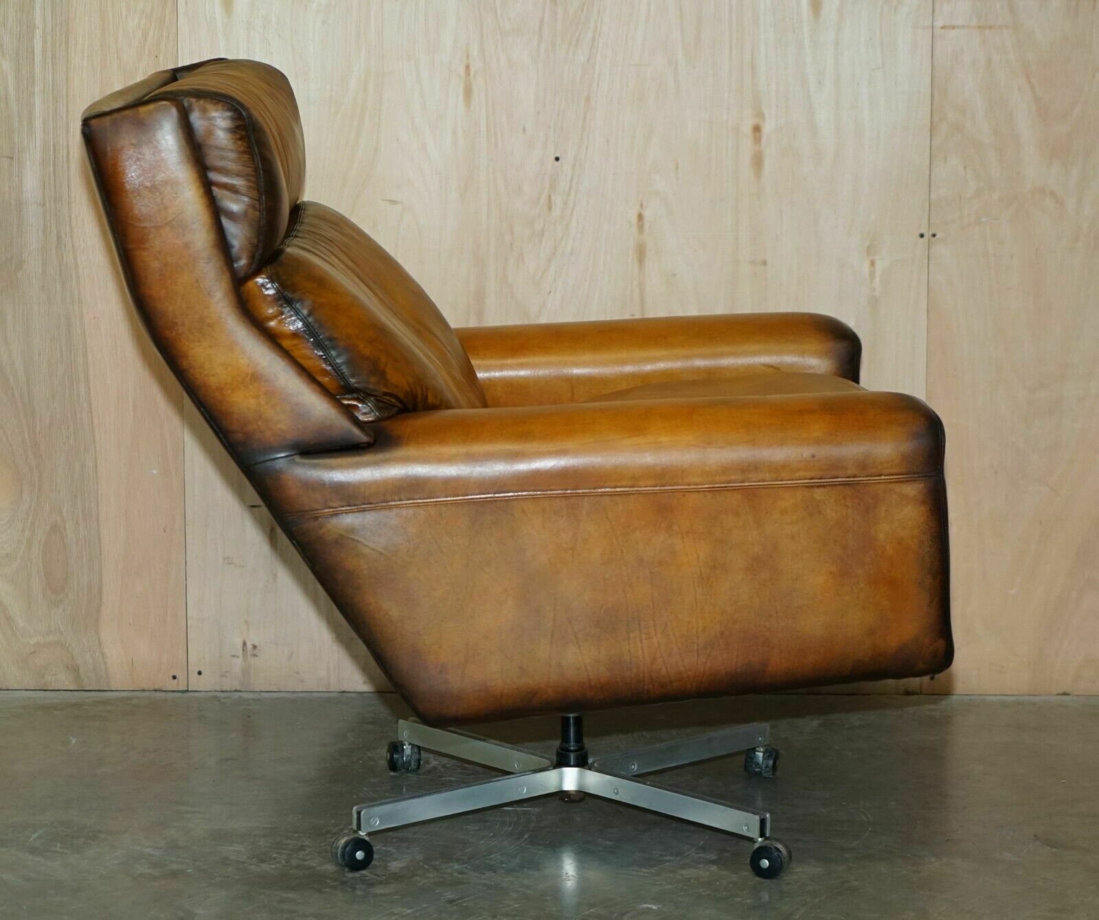 2950.0 Restored Vintage 1970's Hand Dyed Whisky Brown Leather Swivel Armchair Part Set photo