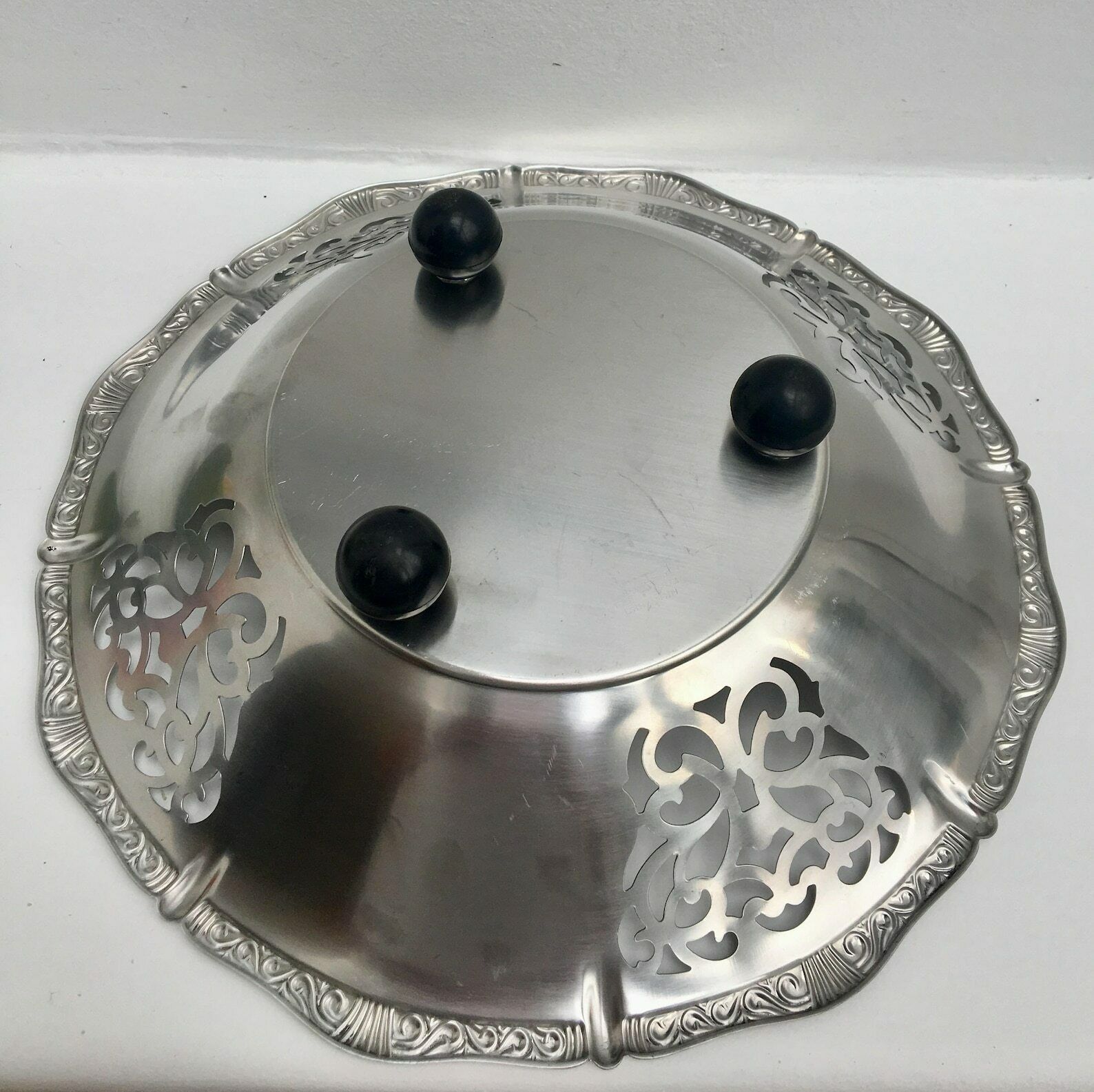 photo furniture Alessi Fruit Bowl Centerpiece Bread Serving Vintage Bowl Stainless Steel, Black Plastic Ball Feet Mid Century 1960s Christmas Gift For Mum