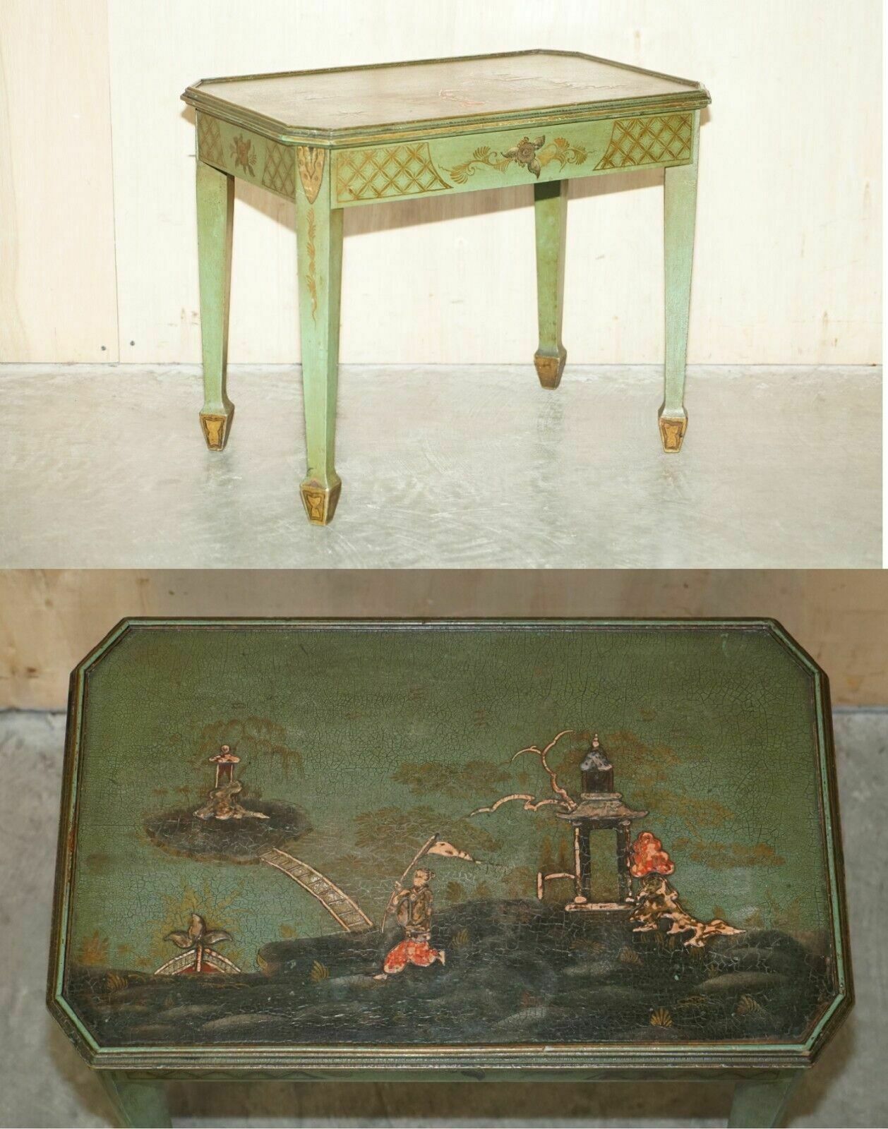 Antique Victorian Chinese Chinoiserie Hand Painted Green Side End Wine Table