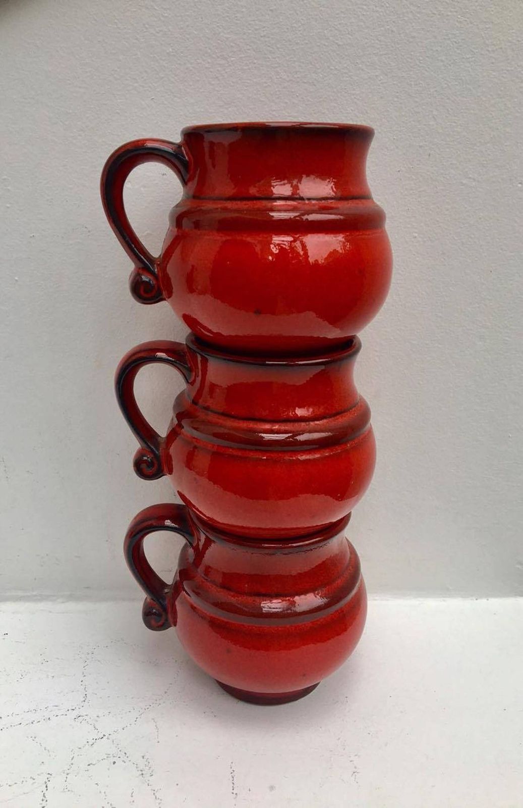 German Pottery, Red Fat Lava Vases, Small Red West Germany Set Of 3 Vases, 1960s, West German Pottery, Fat Lava Era, 60s, Mid Century Modern photo Home Decor