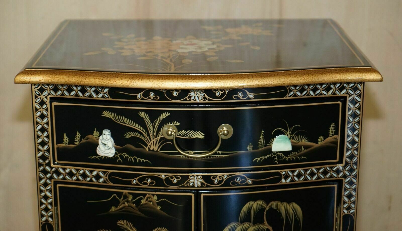 Decorative Chinese Chinoiserie Geisha Girls Lacquer Side Cabinet Soapstone photo Furniture