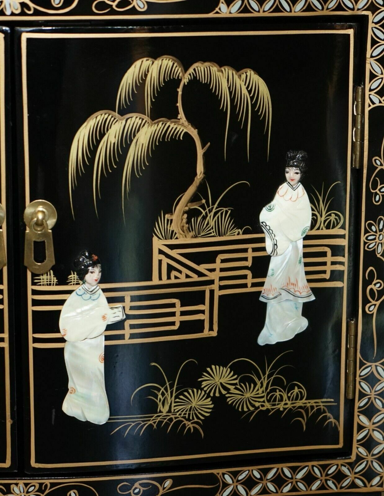photo for sale Decorative Chinese Chinoiserie Geisha Girls Lacquer Side Cabinet Soapstone
