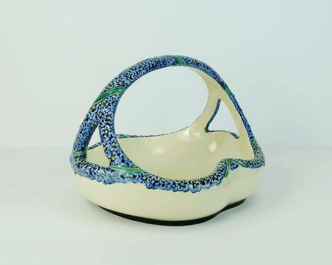 Majolika Karlsruhe Bowl With Handle Ceramic Basket Art Nouveau Pottery Model 1255 Forget Me Not Decor