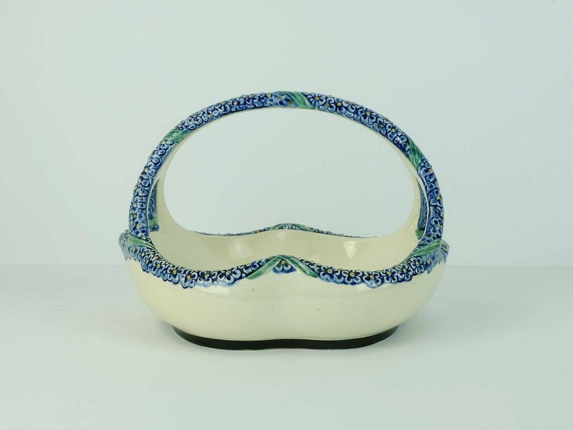 Majolika Karlsruhe Bowl With Handle Ceramic Basket Art Nouveau Pottery Model 1255 Forget Me Not Decor photo for sale