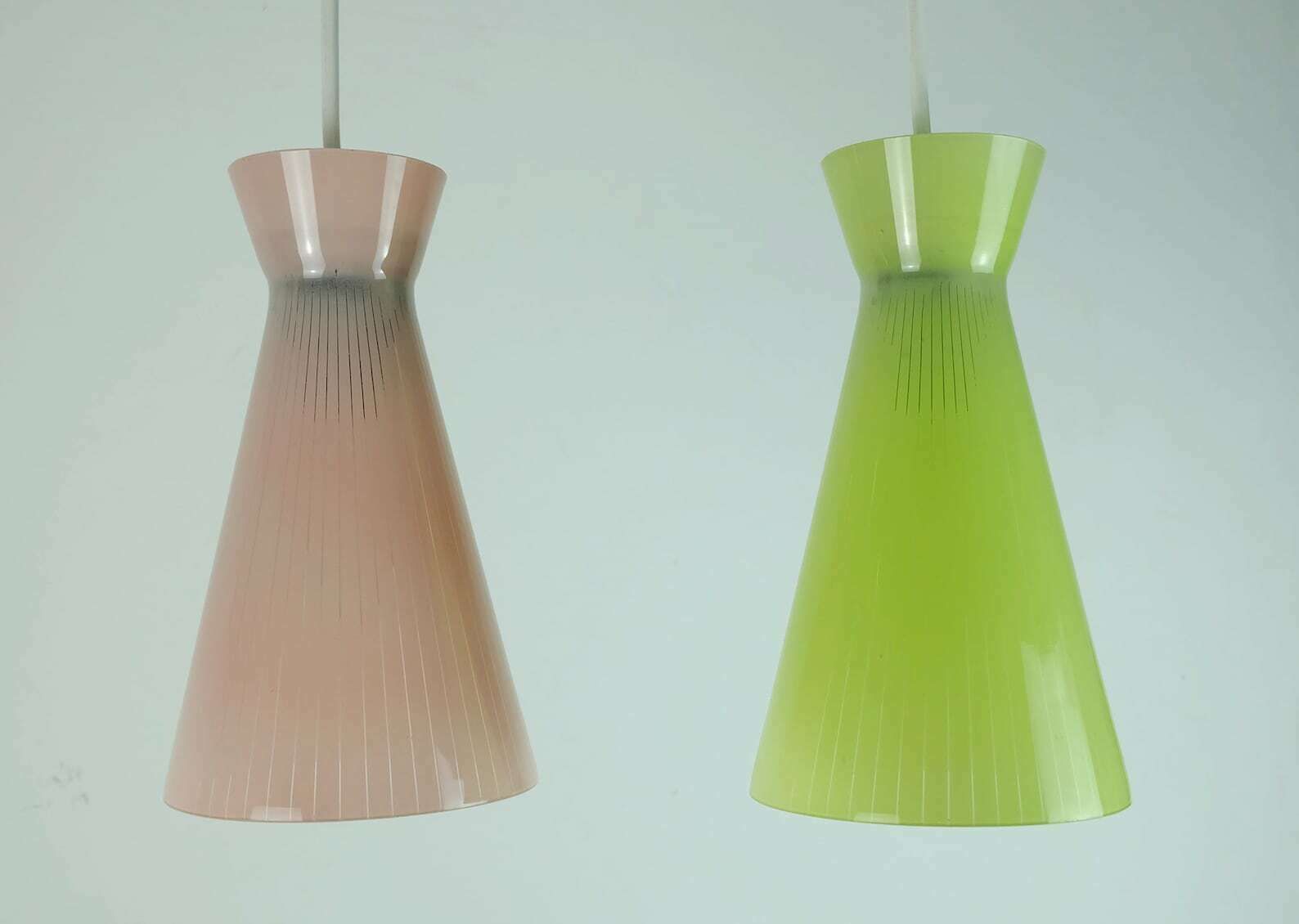 1950s Mid Century 2 Light Mid Century Pendant Light Glass Shades And Brass photo for sale