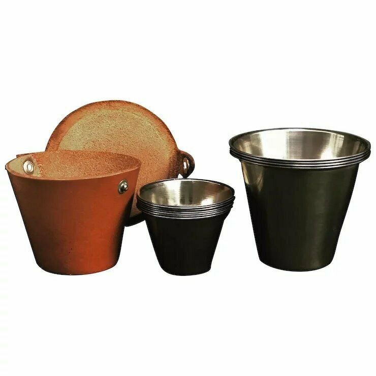Stirrup Cups Set Mid Century Denemarken Roestvrij Staal, Ria Jachtbekers Reisbekers, Glazen Bruinleren Houder Cadeau Voor Hem