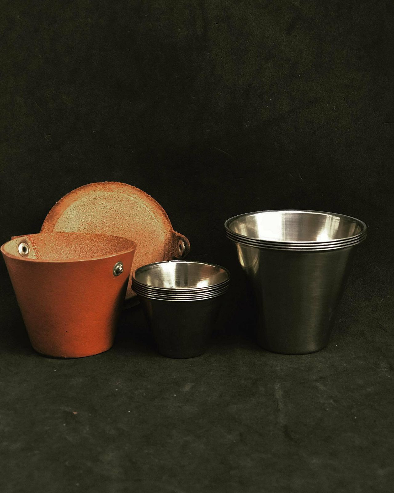 Stirrup Cups Set Mid Century Denmark Stainless Steel, Ria Hunting Cups Travel Beakers, Glasses Brown Leather Holder Gift For Him photo furniture