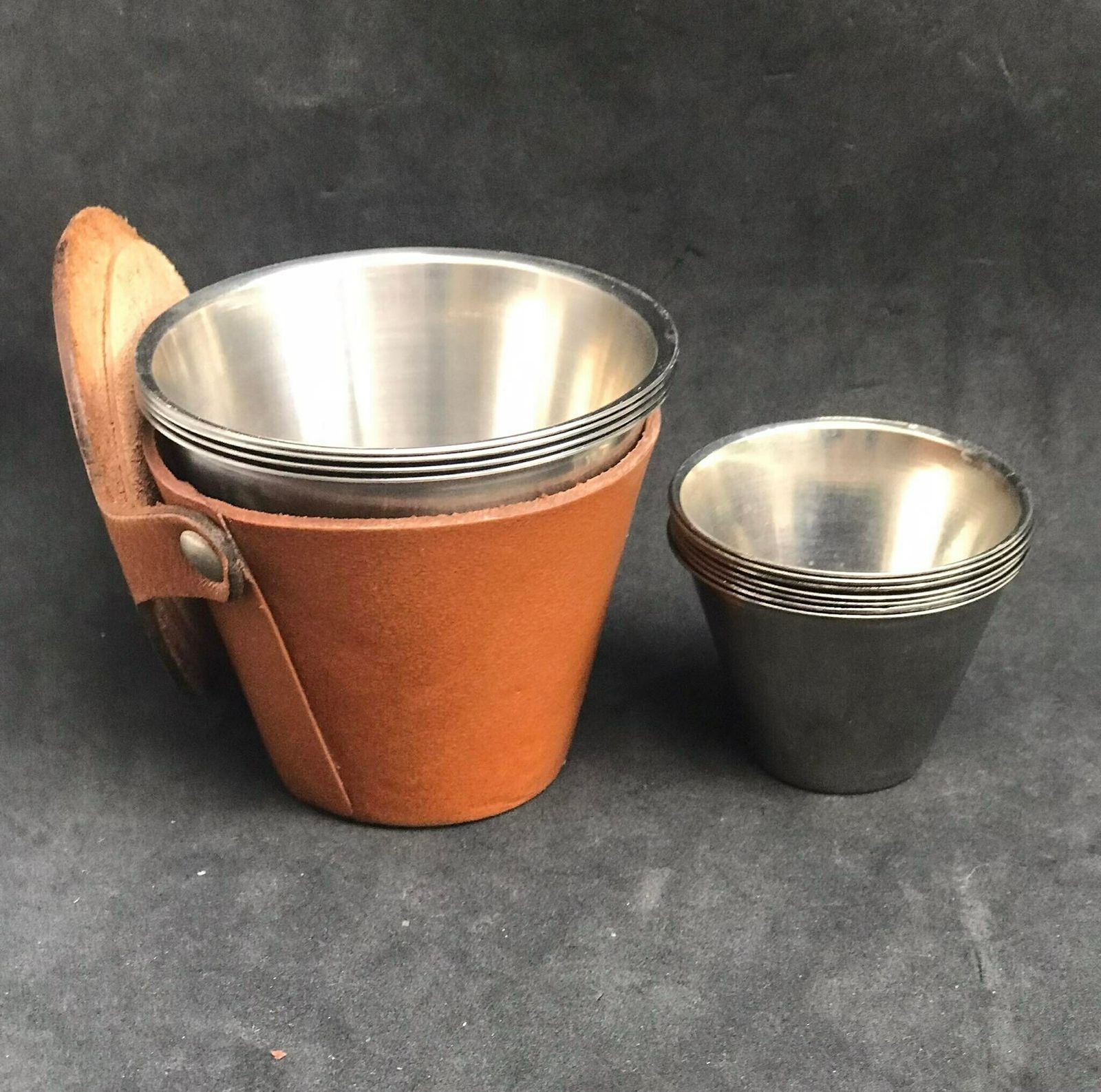 Stirrup Cups Set Mid Century Denmark Stainless Steel, Ria Hunting Cups Travel Beakers, Glasses Brown Leather Holder Gift For Him photo Home Decor