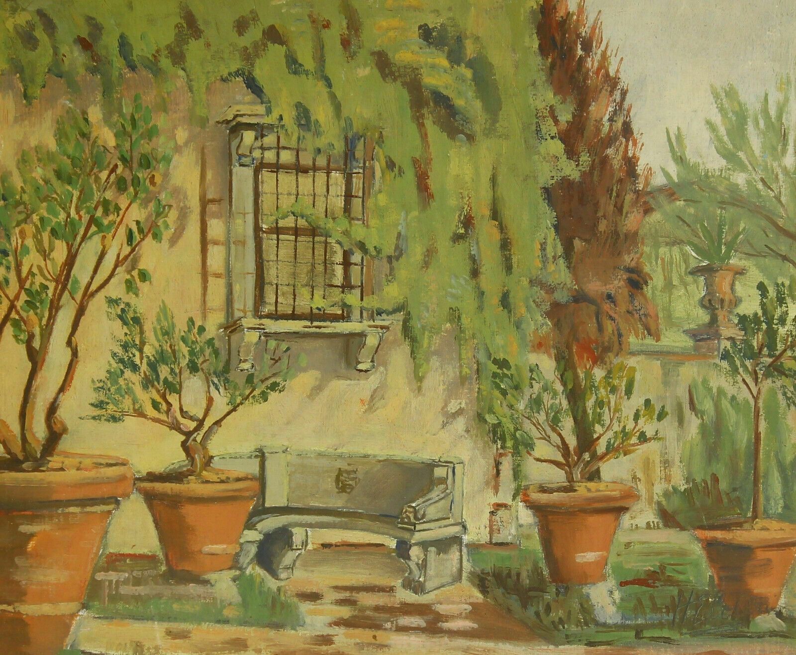 Oil By Harold Edward Collin. Mediterranean Garden Scene With Potted Olive Plants photo furniture