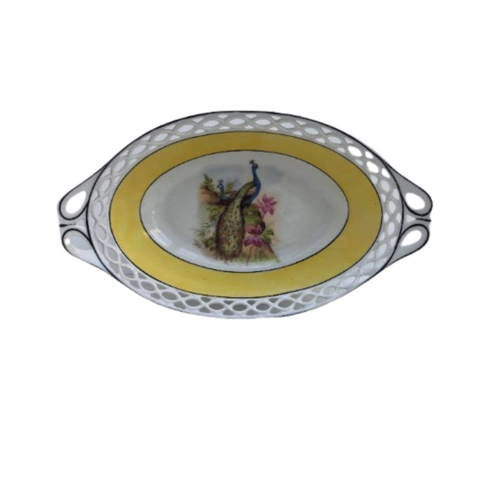 Antique Serving Dish Reticulated Porcelain Oval Open Work Bread Basket Veggie Dish Germany Bread Bowl Plate Dish Hand Painted Bird Peacock