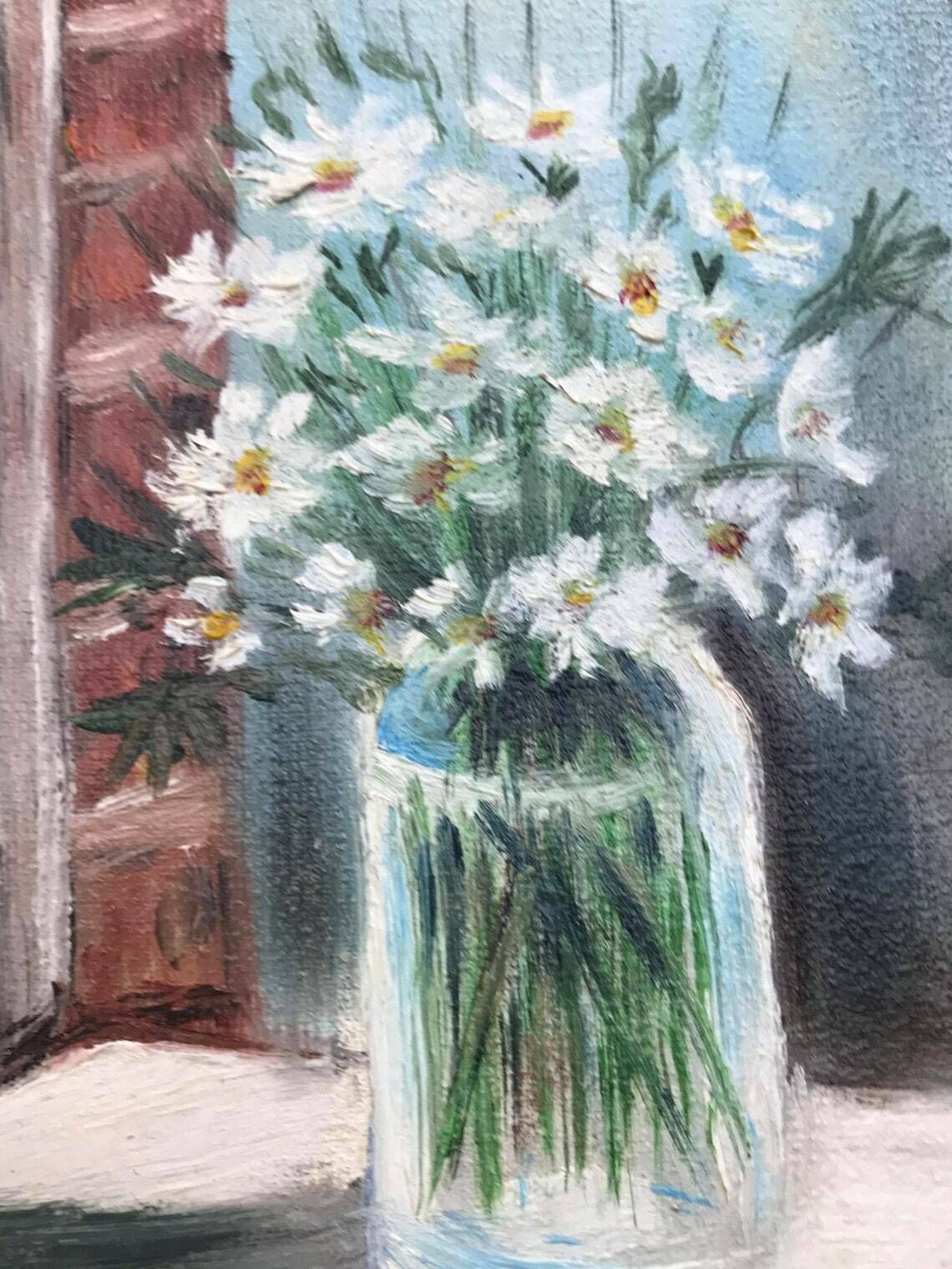 Oil Painting Original Framed Still Life Bouquets Daisy French Vintage Wall Art Bouquet Flowers Acqua Blue Vase Shabby Chic Decor Golden photo for sale