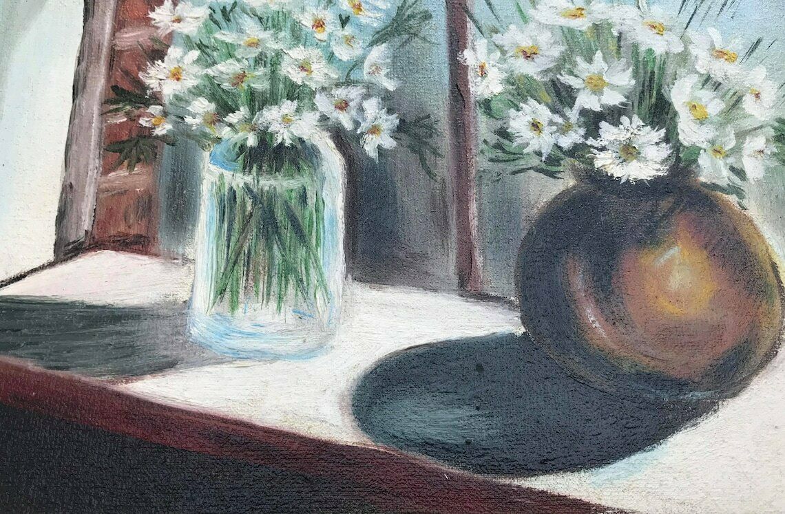 Oil Painting Original Framed Still Life Bouquets Daisy French Vintage Wall Art Bouquet Flowers Acqua Blue Vase Shabby Chic Decor Golden photo vintage