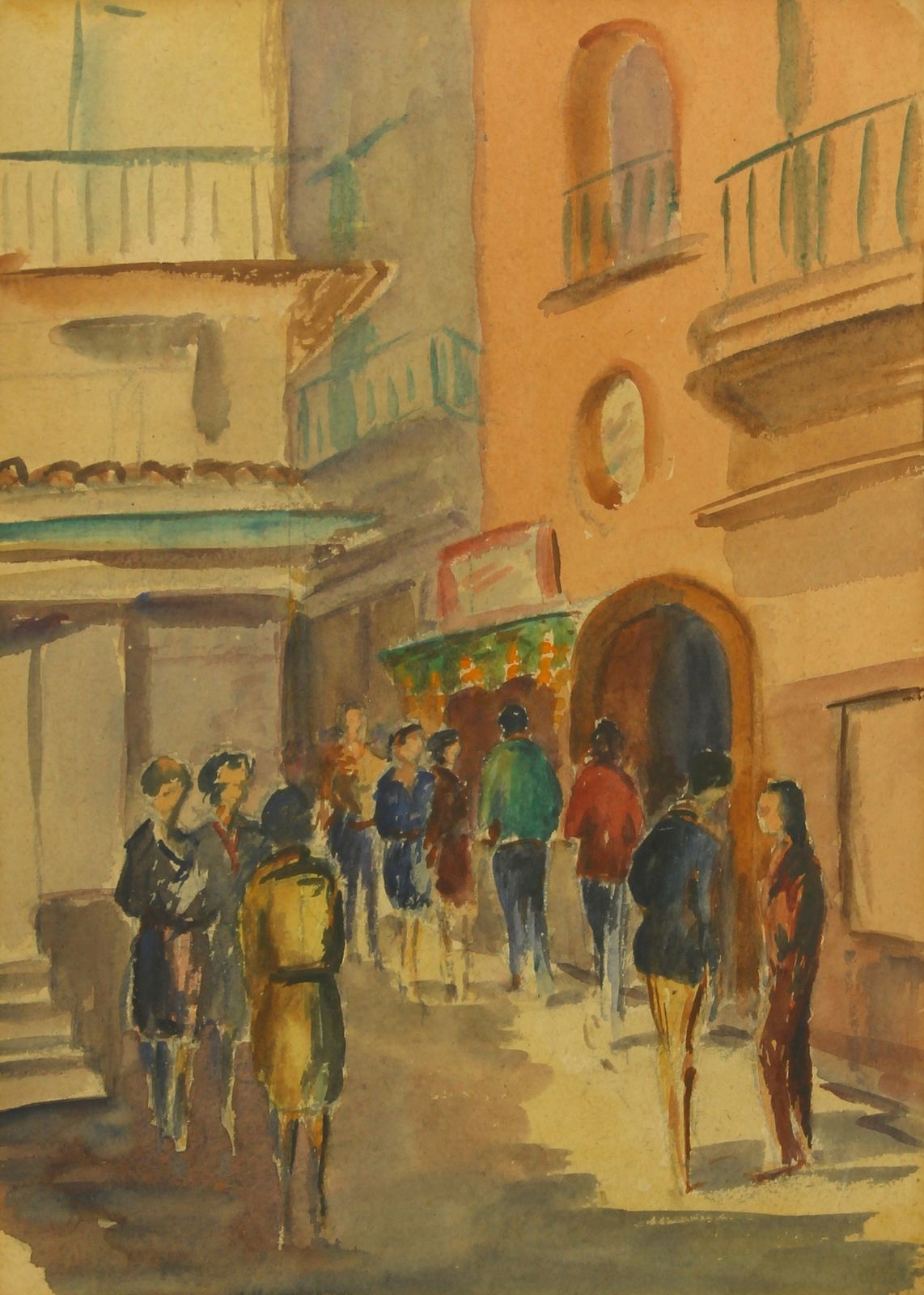 Watercolour By Harold Edward Collin People Gathered Outside Mediterranean Cafe photo furniture