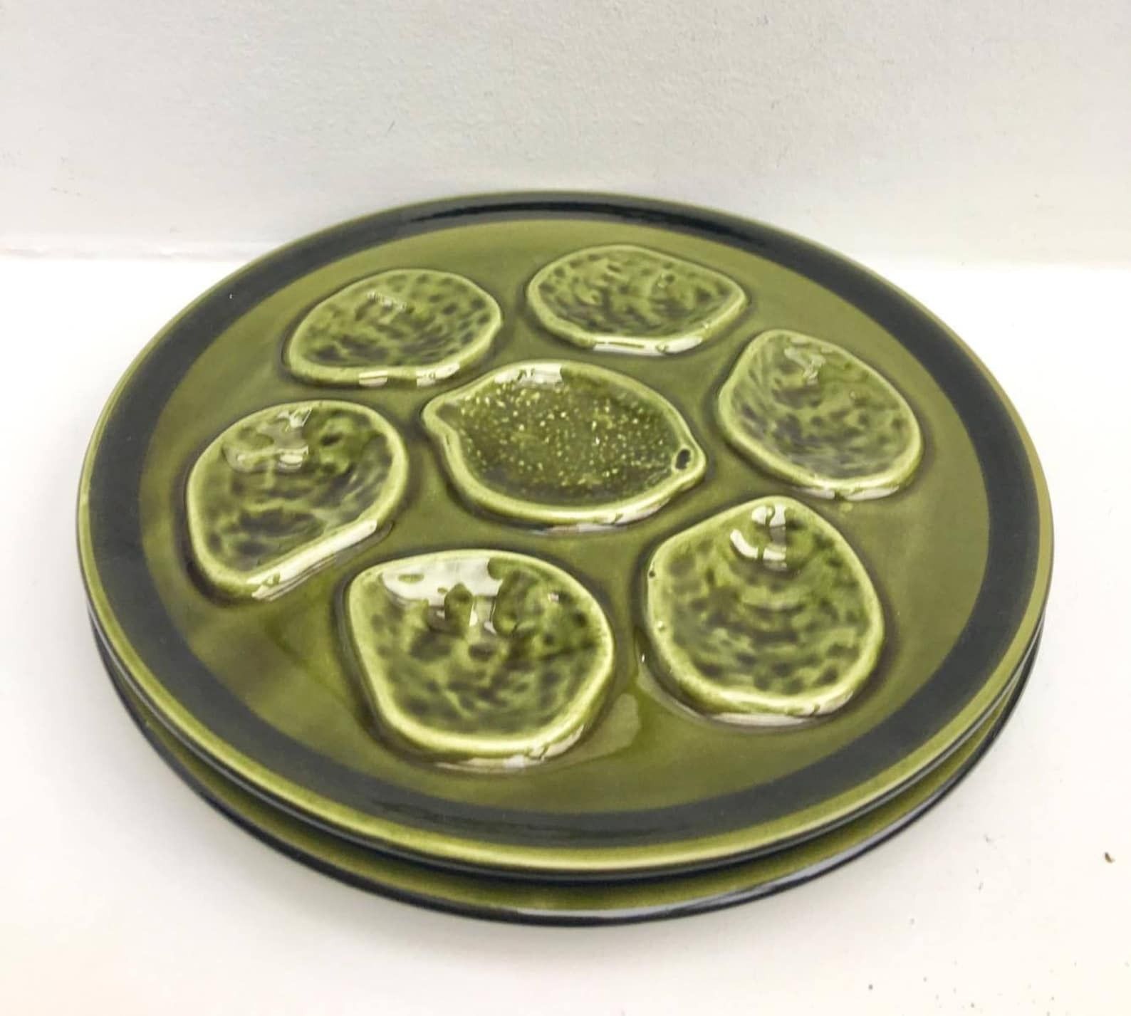 2 Green Oyster Plate Niderviller Earthenware From The 50s Oyster Plate Oyster Dish Collector Oyster Collection Wedding Gift, French Pottery photo 99.0