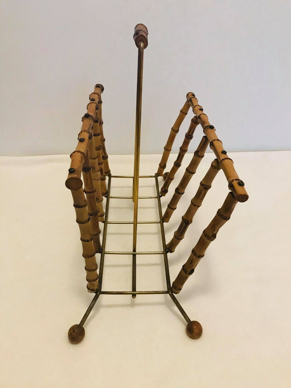 Magazine Rack Holder Bamboo Vintage 60s French Boho Chic Sputnik Atomic Era Newspaper Stand Rattan Mid Century Home Decor Bohemian Tiki Gift photo vintage