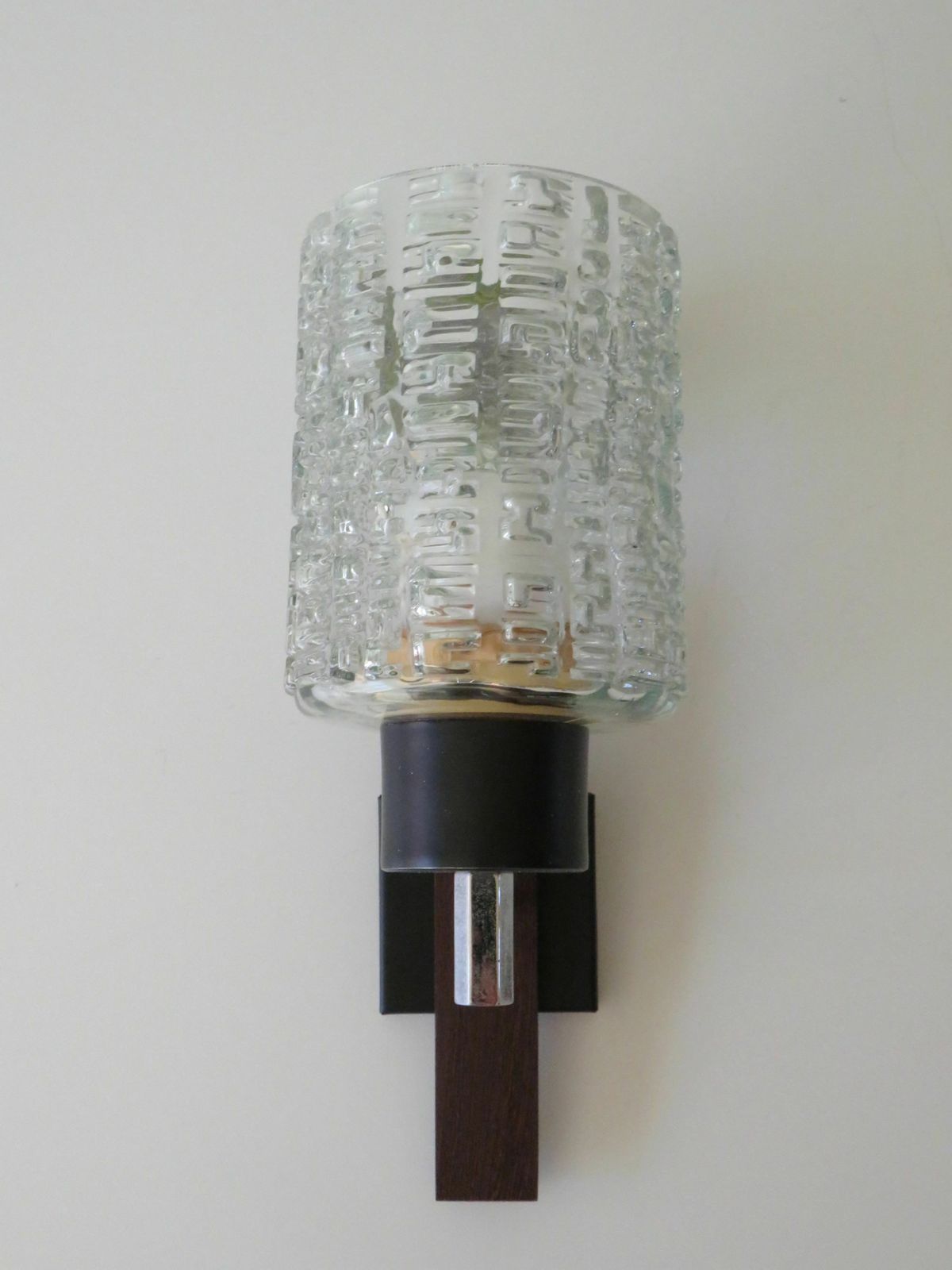Mid Century Wall Lamp, Teak And Relief Glass Belgium 1970s photo vintage