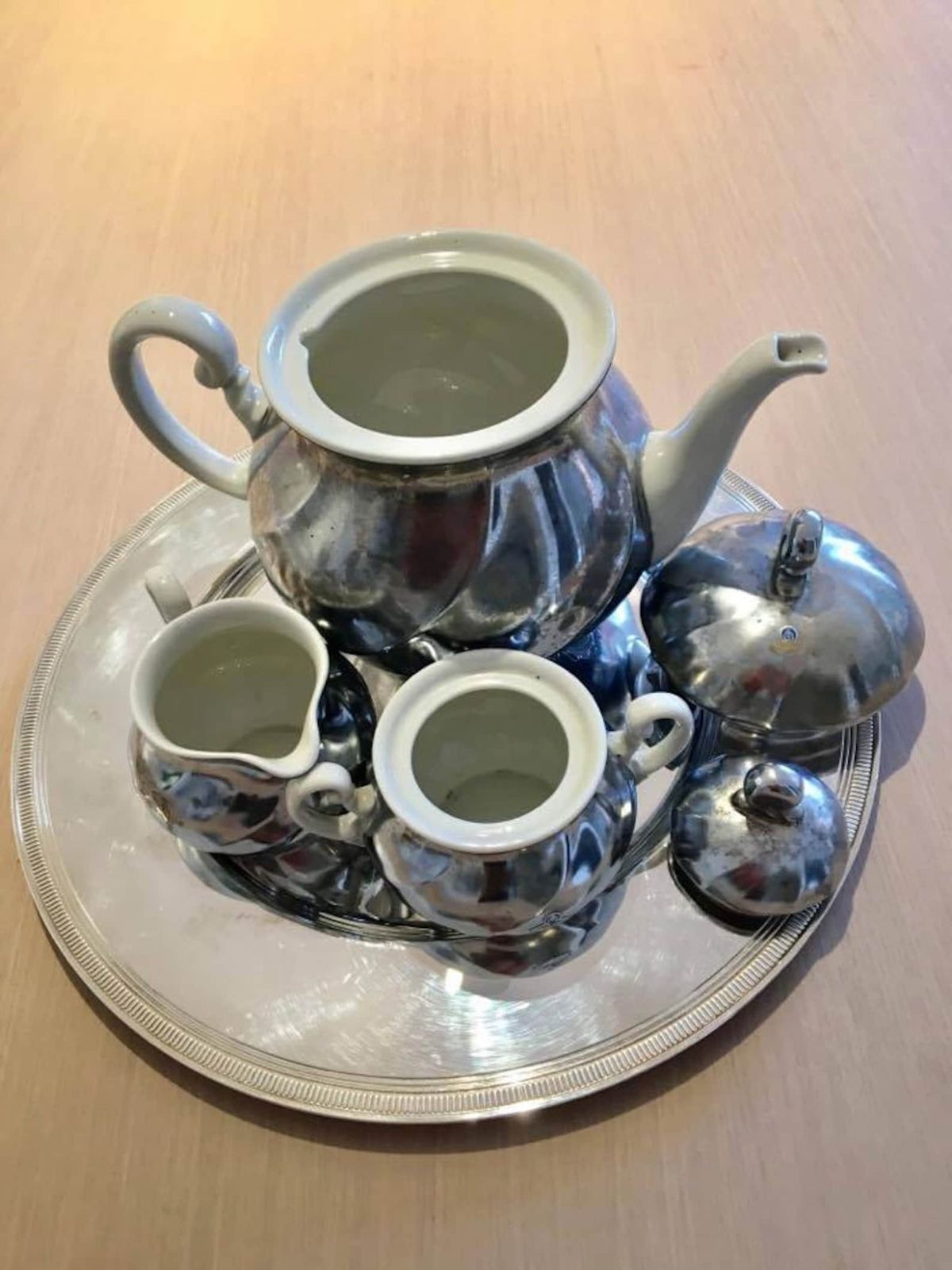 Tea Set Or Coffee Set Of 3 Pieces, Teapot, Sugar Bowl And Creamer, Milk Pot Of The Iconic Belgian House Demeyere. Vintage Belgium 1970s photo Home Decor