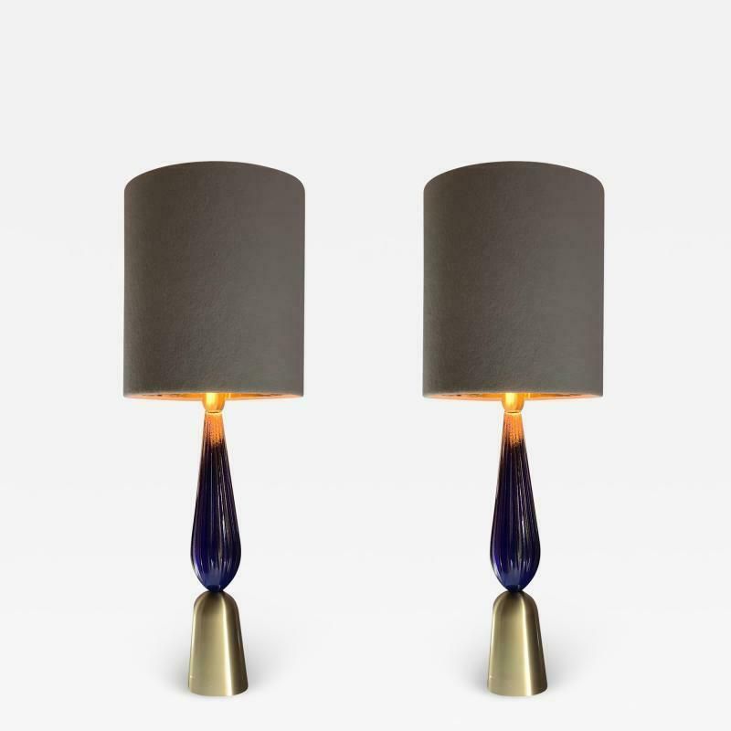 Lot Of 2 Gold And  Blue Murano Glass Table Lamp