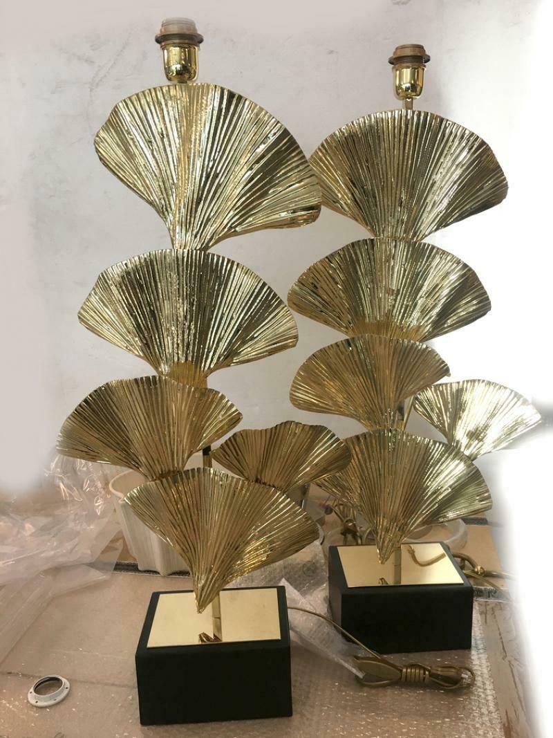 Gold Brass Frame Leaves Of Ginko Biloba Table Lamp  Brass Elements Striped By Handand photo for sale