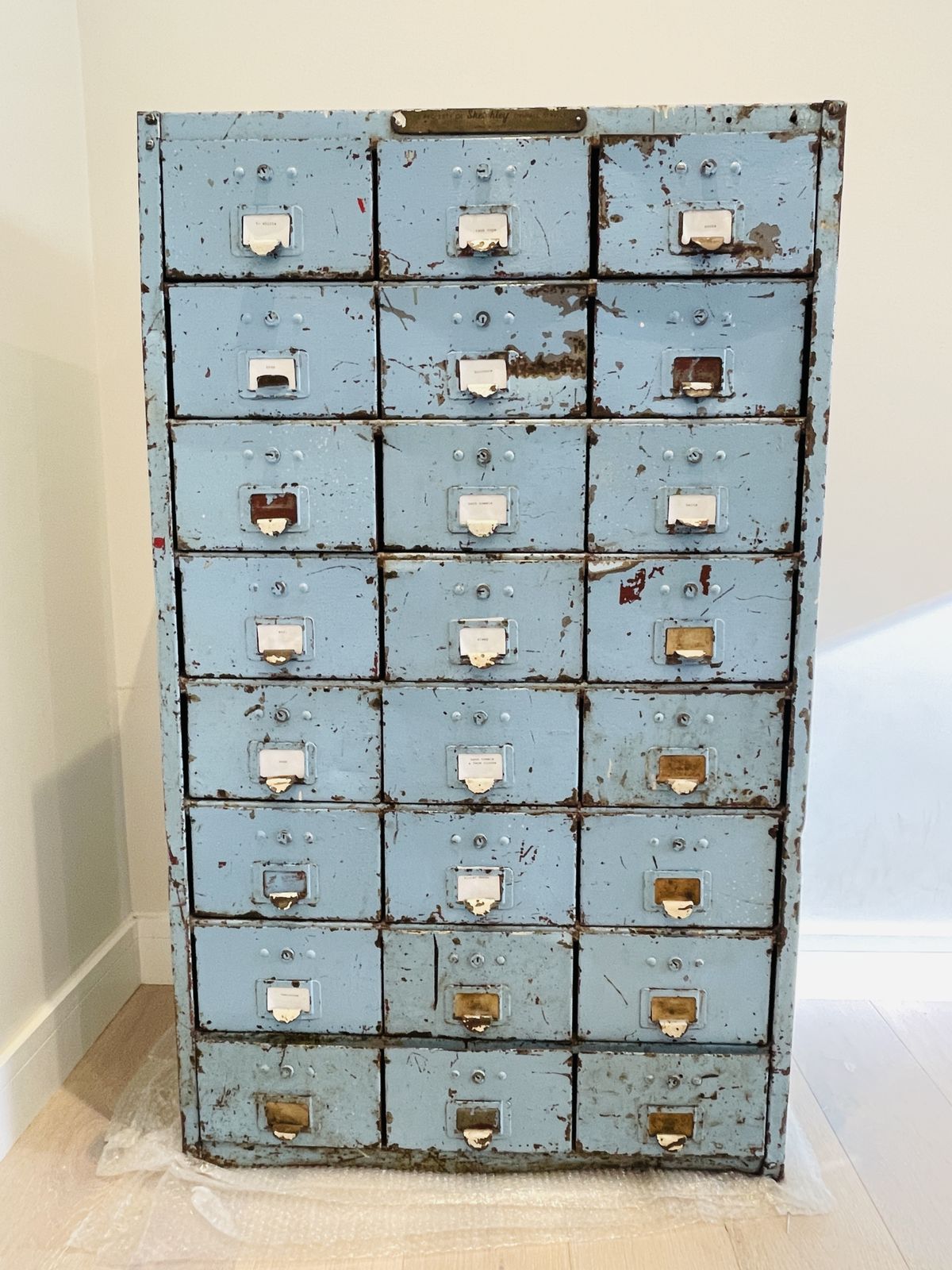 Industrial Cabinet Chest Of Drawers Sketchley Overall Service 1940s/50s Turquoise 24 Drawers Good Condition photo vinterior