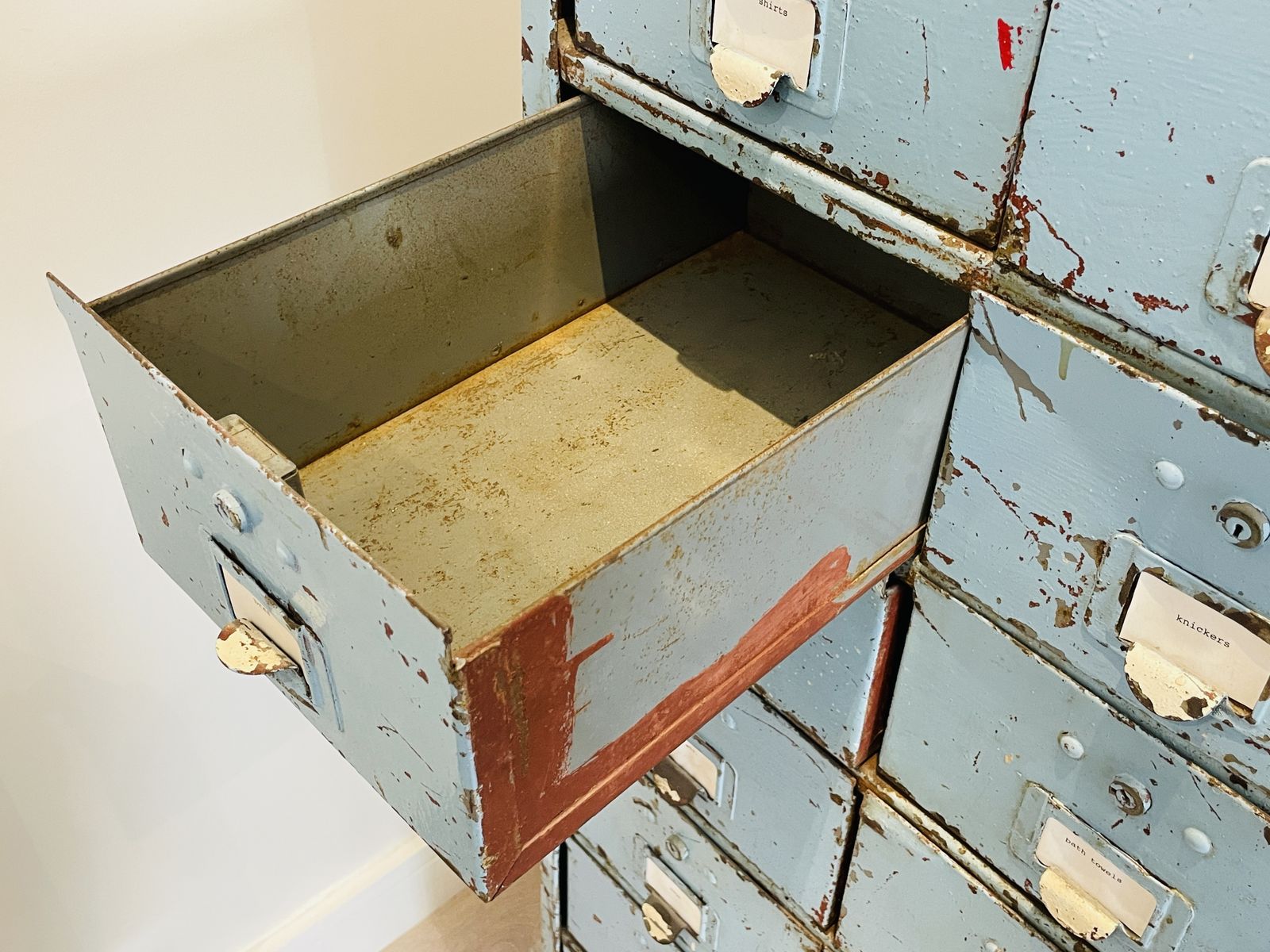 photo furniture Industrial Cabinet Chest Of Drawers Sketchley Overall Service 1940s/50s Turquoise 24 Drawers Good Condition