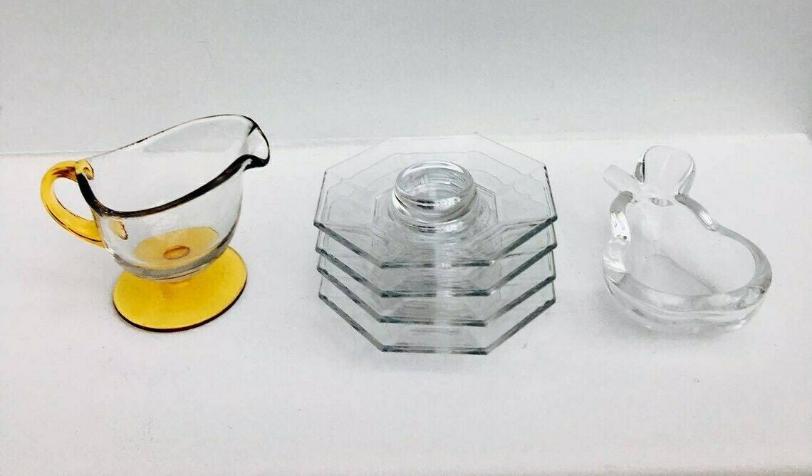 Vintage Eierdopjes, Kommen, Transparant Glas – Set Van 6 Stuks: Peervormige Kristallen Kom, 4 Eierdopjes En Een Sauskom photo 120.0
