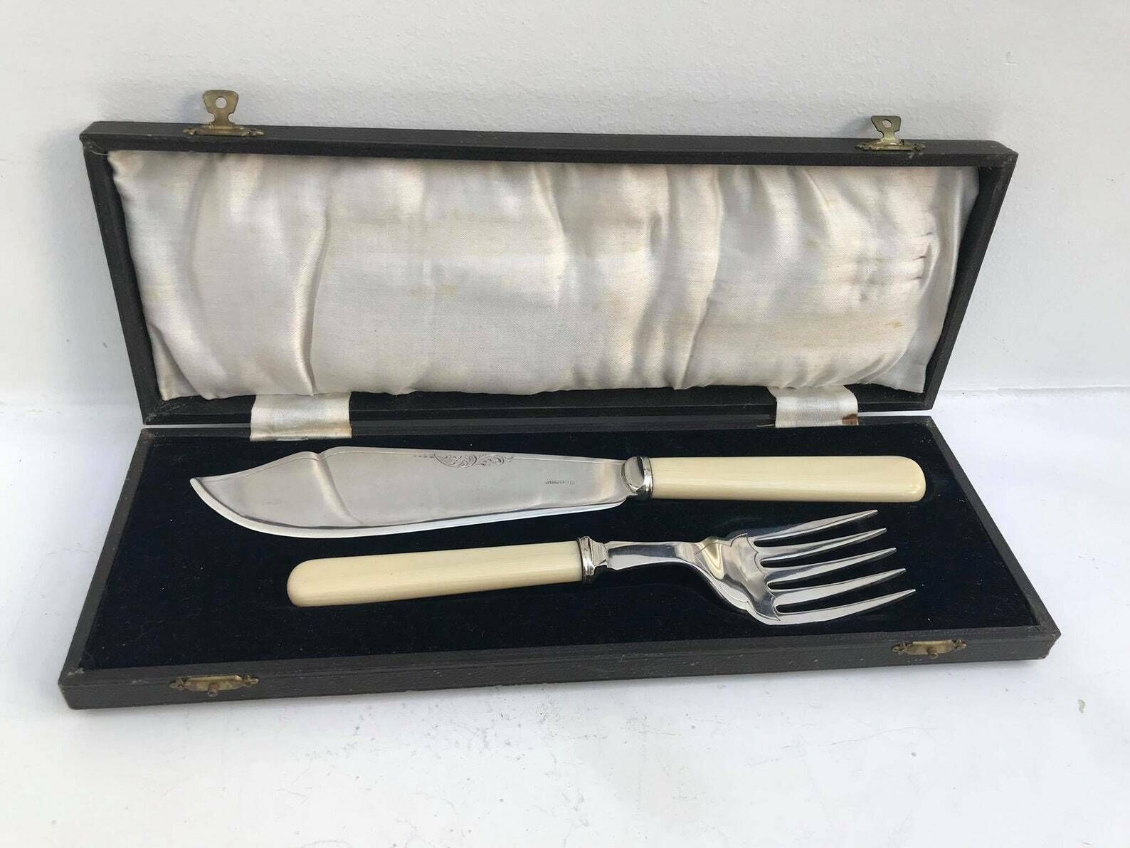 Serving Cutlery Set Seafood Fish Knife England Silver Plated Mid Century Ivorine Handled Gift For Her Seafood Flatware Wedding Gift Boxed photo vintage