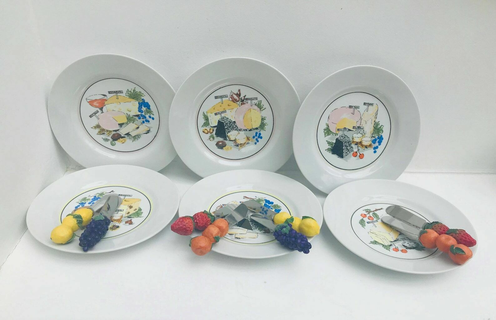 Cheese Plates Set 6 With Butter Or Cheese Knives By Laura Lys Made In France, French Pottery Transfert Cheese Illustration Wedding Gift photo for sale