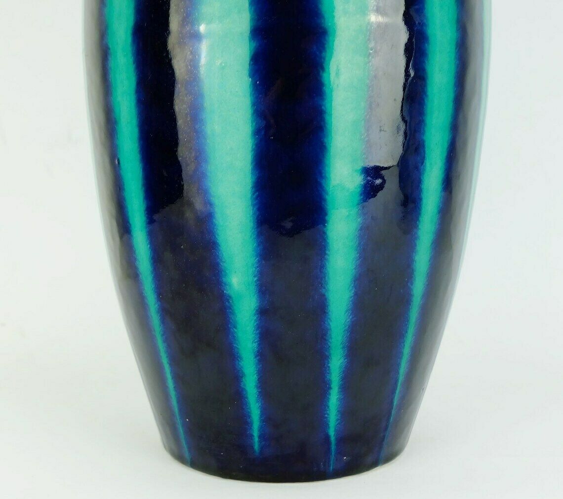 Scheurich Europ Line Mid Century Vase Model 248 38 With Stripe Pattern In Blue And Emerald Green photo for sale