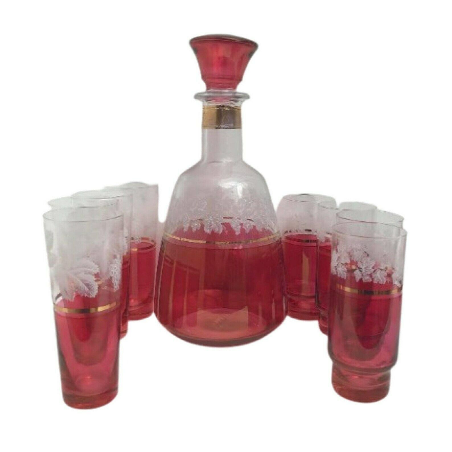 Decanter Set Cranberry Ruby Red 8 Liquor Glasses And Decanter Bottle Etched With Gold Rim Mid Century Vintage Tumbler Set Wedding Gift