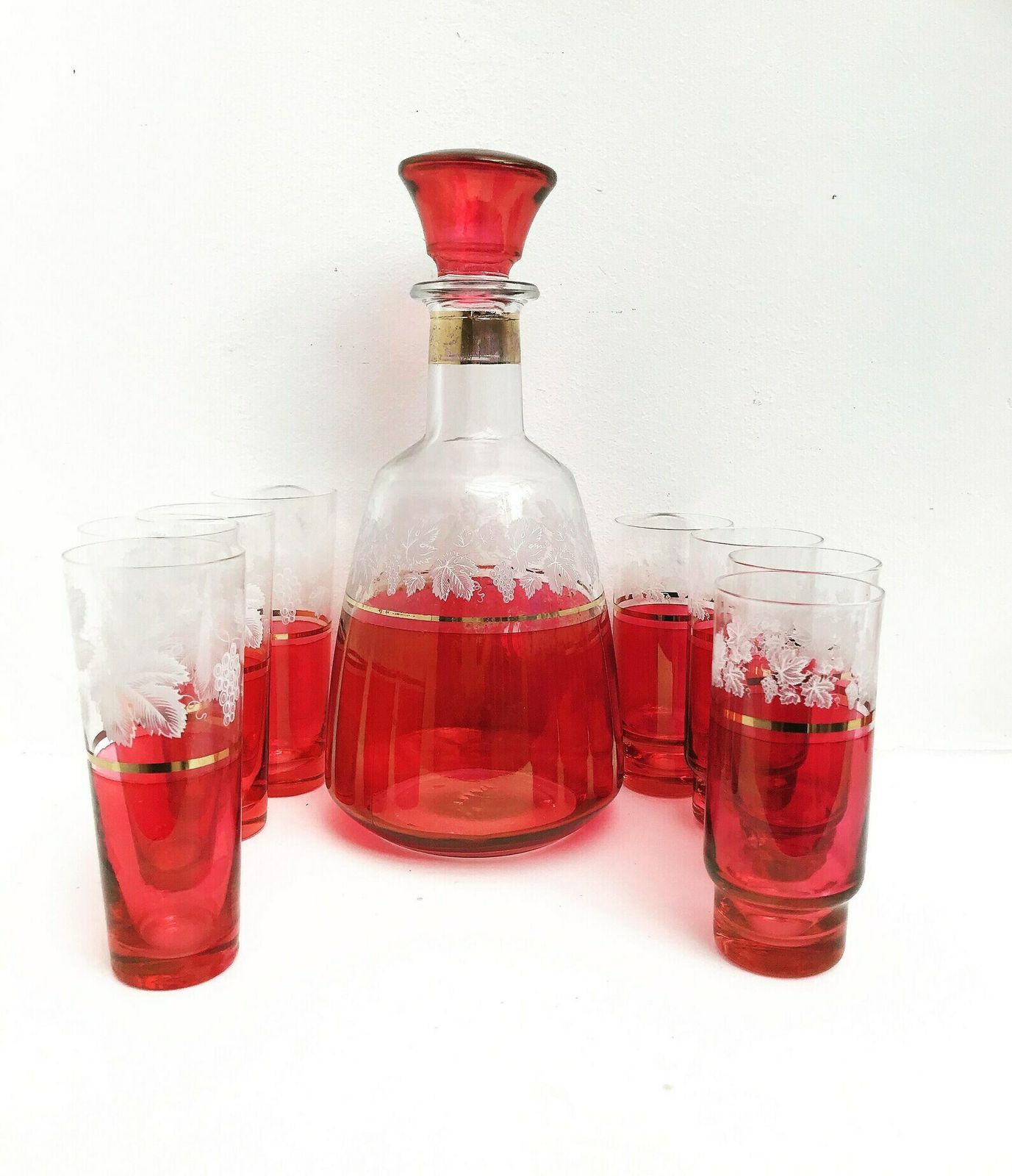 Decanter Set Cranberry Ruby Red 8 Liquor Glasses And Decanter Bottle Etched With Gold Rim Mid Century Vintage Tumbler Set Wedding Gift photo furniture