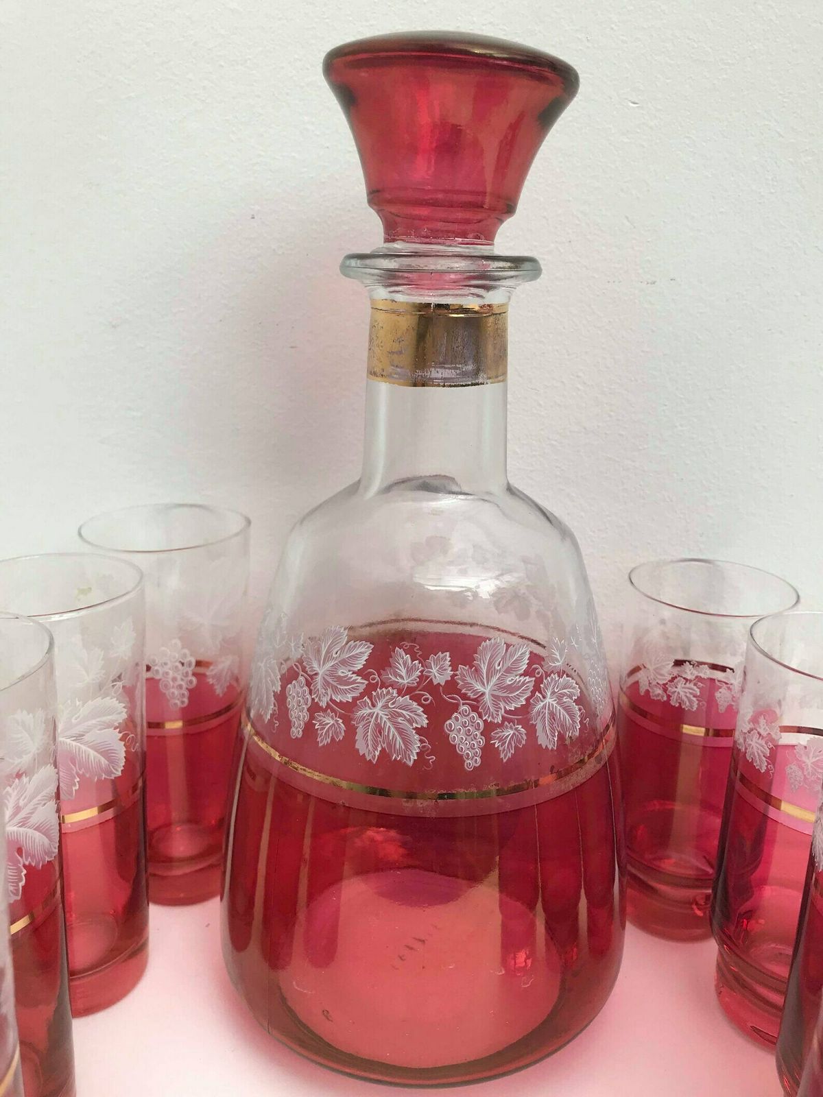 Decanter Set Cranberry Ruby Red 8 Liquor Glasses And Decanter Bottle Etched With Gold Rim Mid Century Vintage Tumbler Set Wedding Gift photo Home Decor