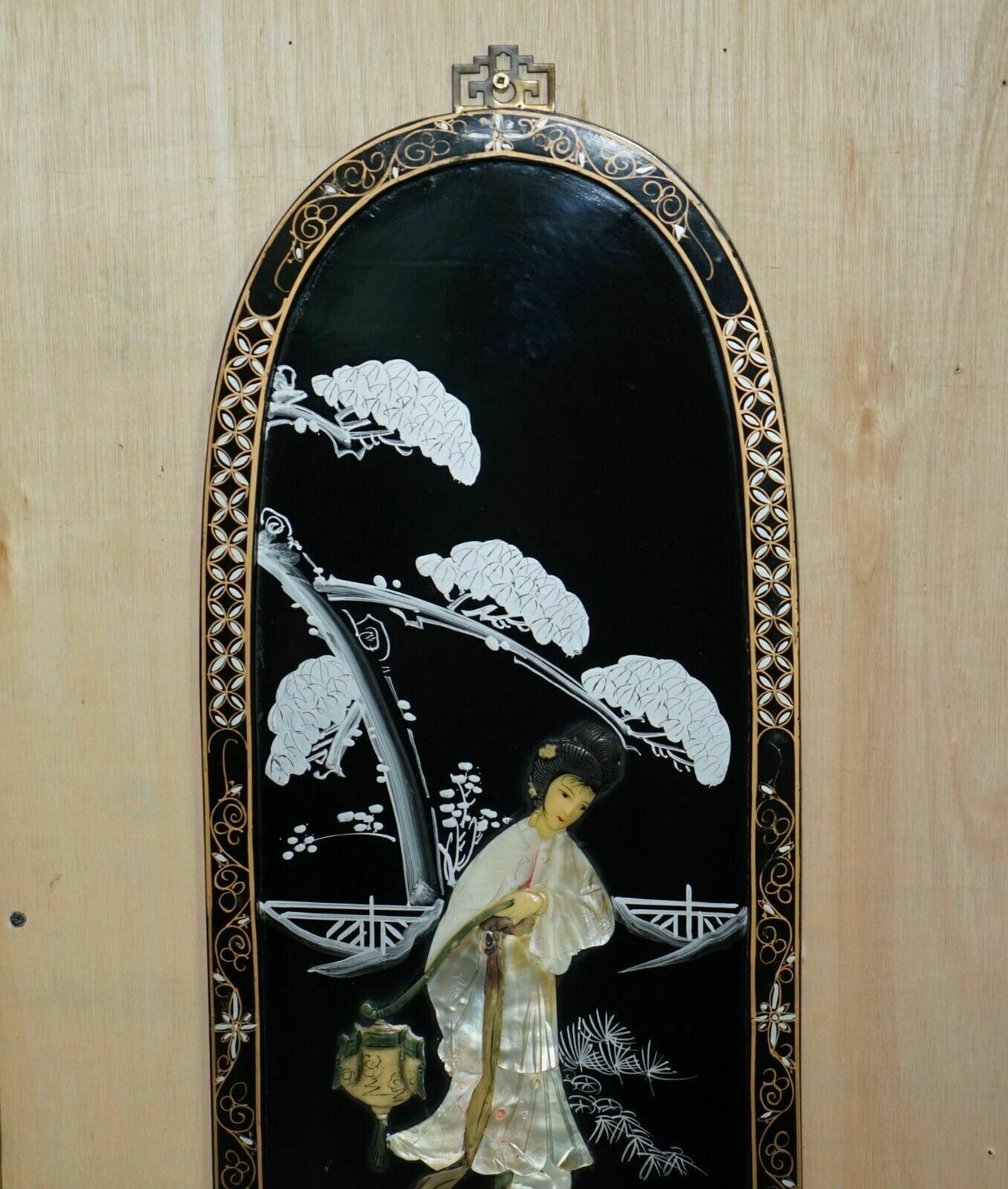 Pair Of Stunning Vintage Soapstone & Mother Of Pearl Geisha Girl Wall Panels photo for sale