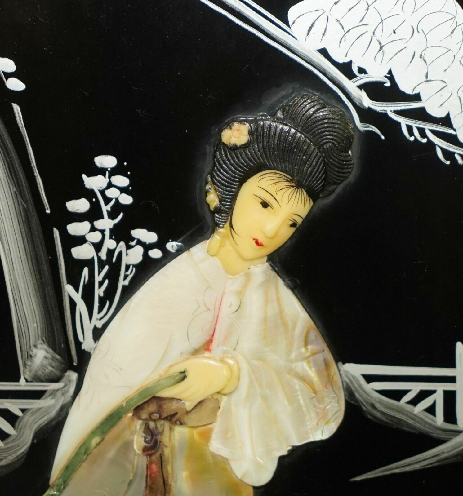 Pair Of Stunning Vintage Soapstone & Mother Of Pearl Geisha Girl Wall Panels photo vinterior