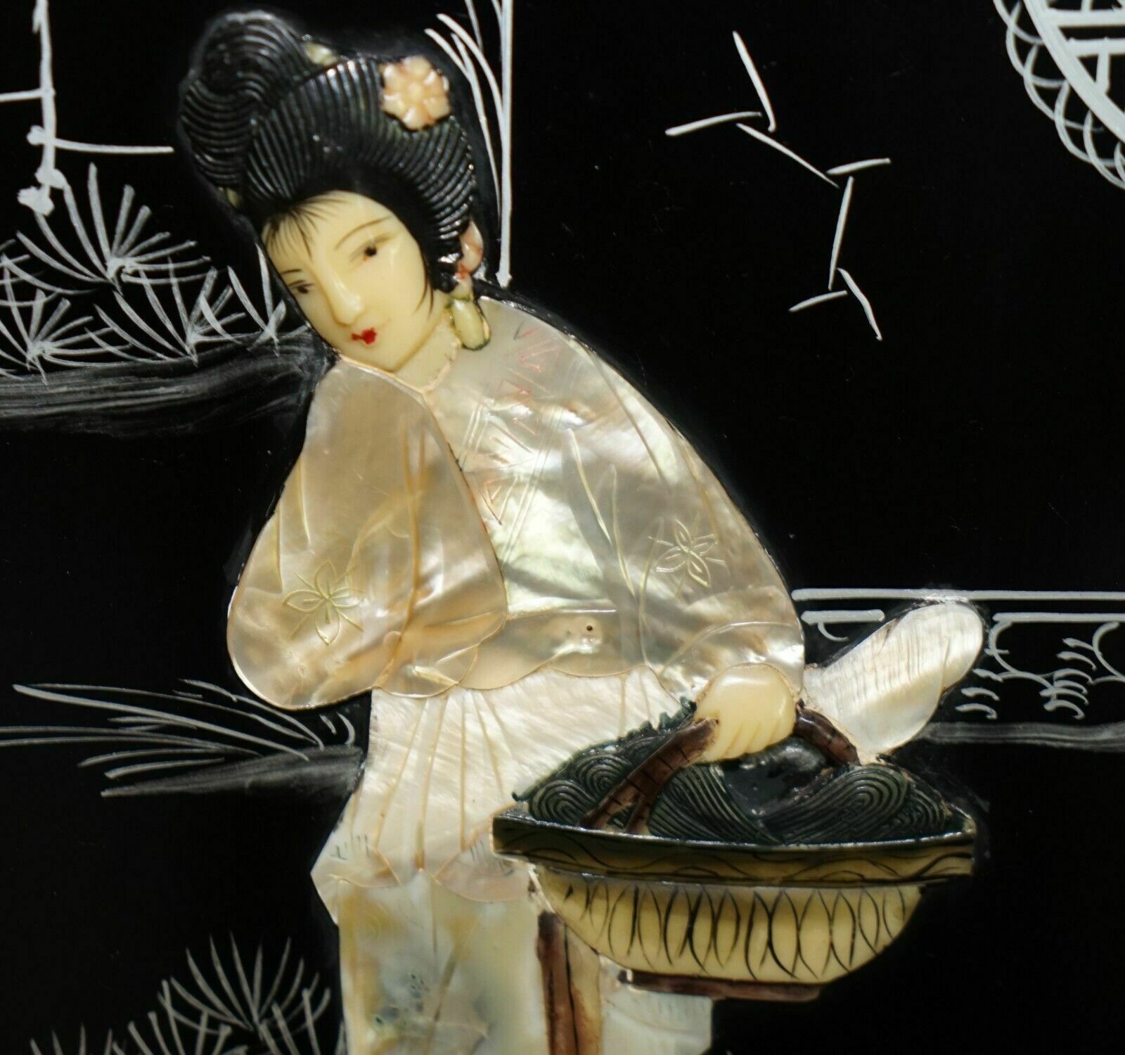 photo buy Pair Of Stunning Vintage Soapstone & Mother Of Pearl Geisha Girl Wall Panels