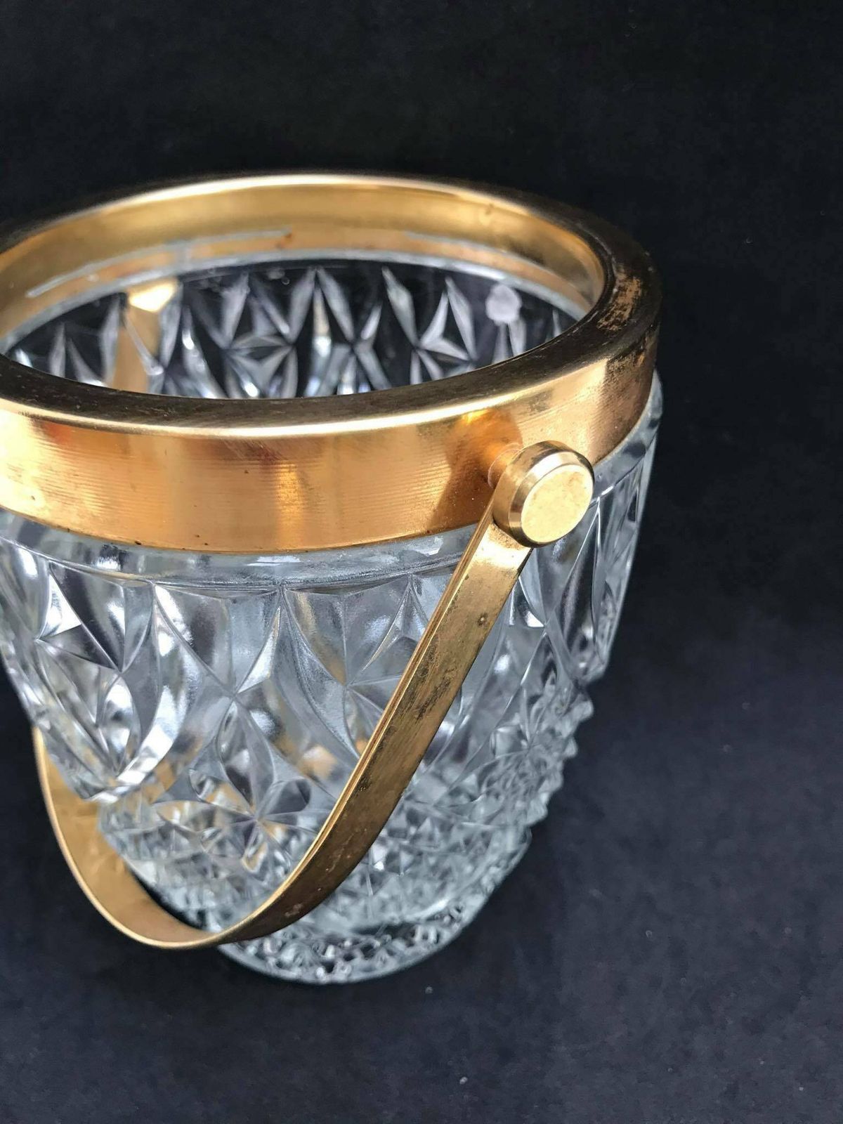 Ice Bucket Heavy Cut Crystal French With Golden Metal Handles Mid Century Barware Mixology Tools Bar Cart Hollywood Regency Man Cave Gift photo vinterior