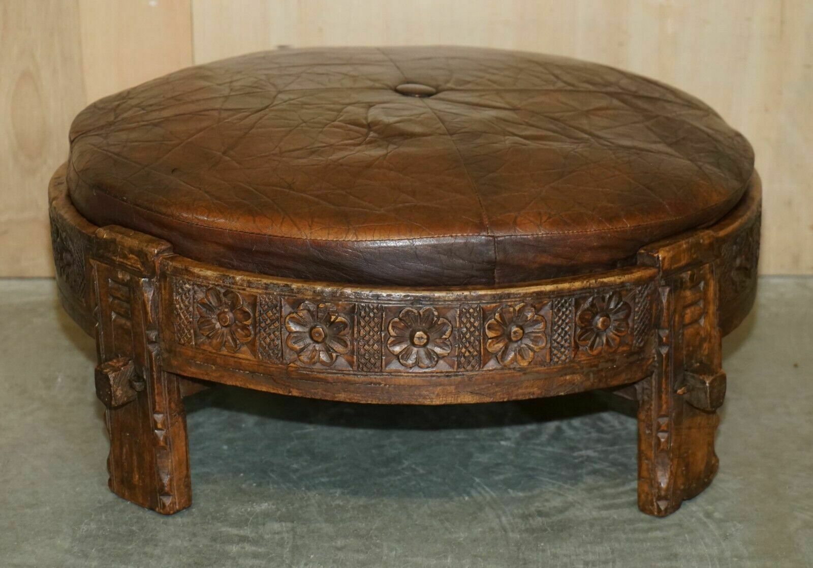 Antique Circa 1850 Hand Carved Brown Leather Olive Press Coverted To Footstool photo furniture