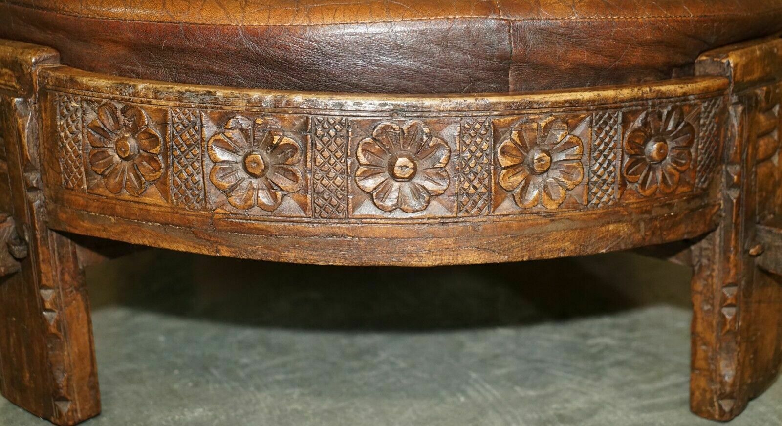 Antique Circa 1850 Hand Carved Brown Leather Olive Press Coverted To Footstool photo 2350.0