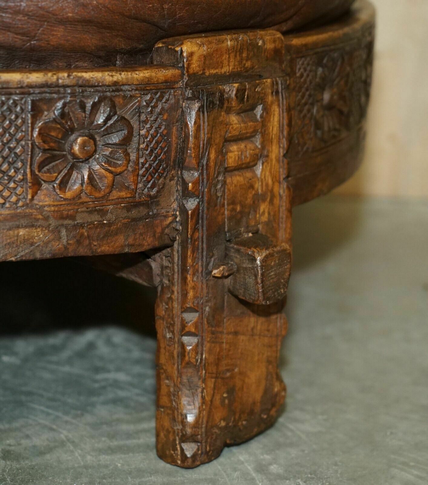 Antique Circa 1850 Hand Carved Brown Leather Olive Press Coverted To Footstool photo vinterior
