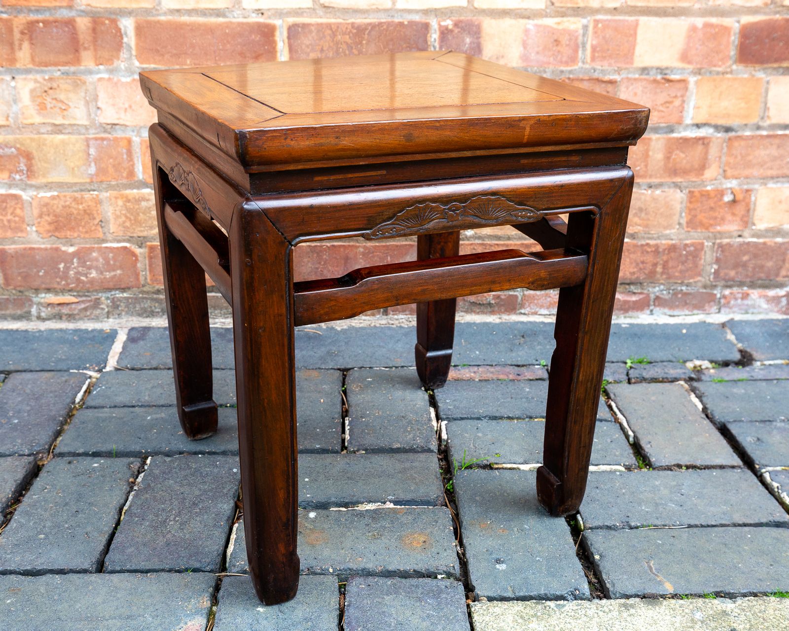 Furniture Antique Chinese Square Humpback Lamp Table Coffee Side Qing Dynasty 1900 Bat Carving Jumu Southern Elm Wood Infinity Knot photo