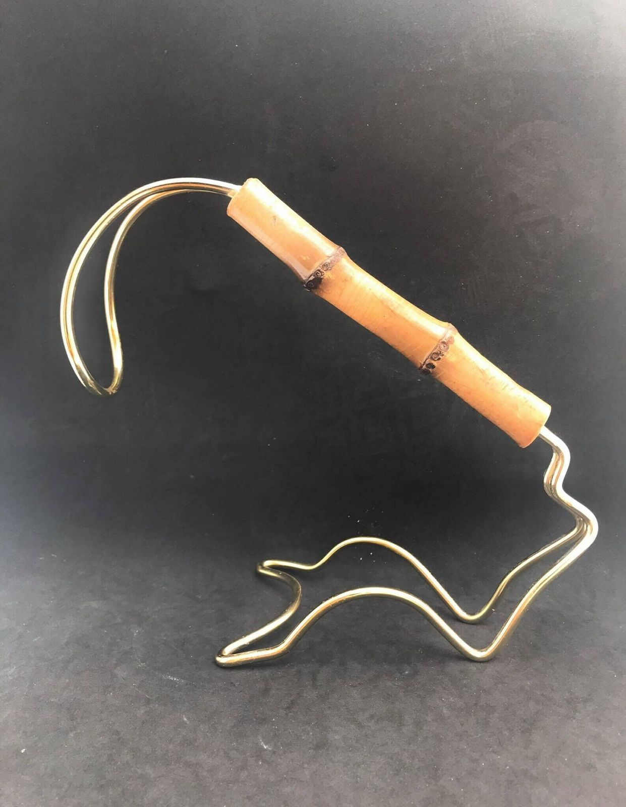 Wine Bottle Holder Wine Pourer Stand Caddy Gold Light Wire And Bamboo On The Handle, 70s Bar Cart Hollywood Regency Gift For Him photo for sale
