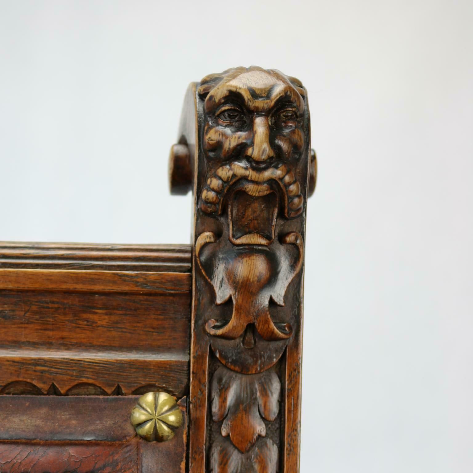 Furniture Reanaissance Revival Hand Carved Chair With Embossed Leather 19th Century photo