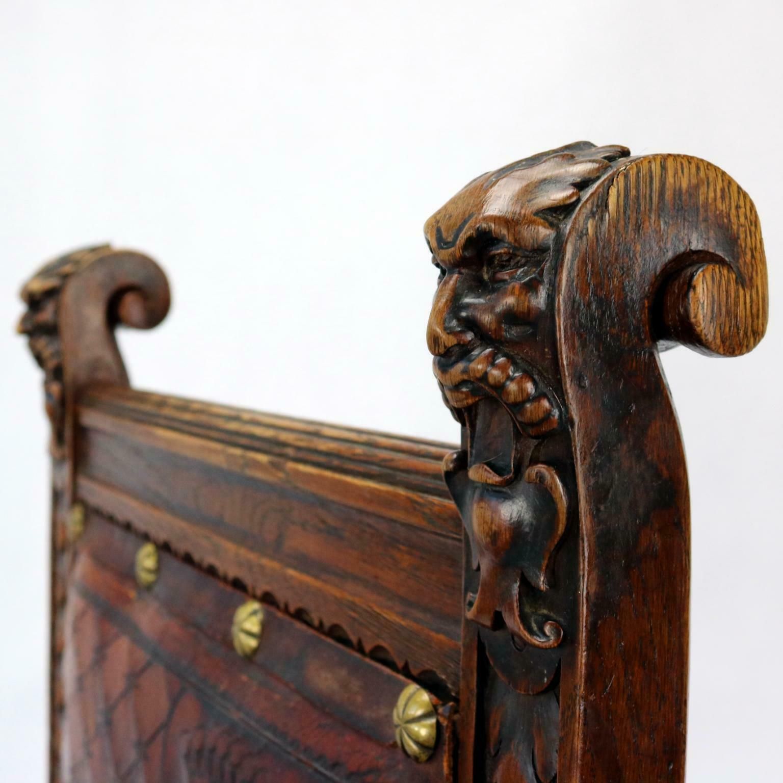 photo vinterior Reanaissance Revival Hand Carved Chair With Embossed Leather 19th Century